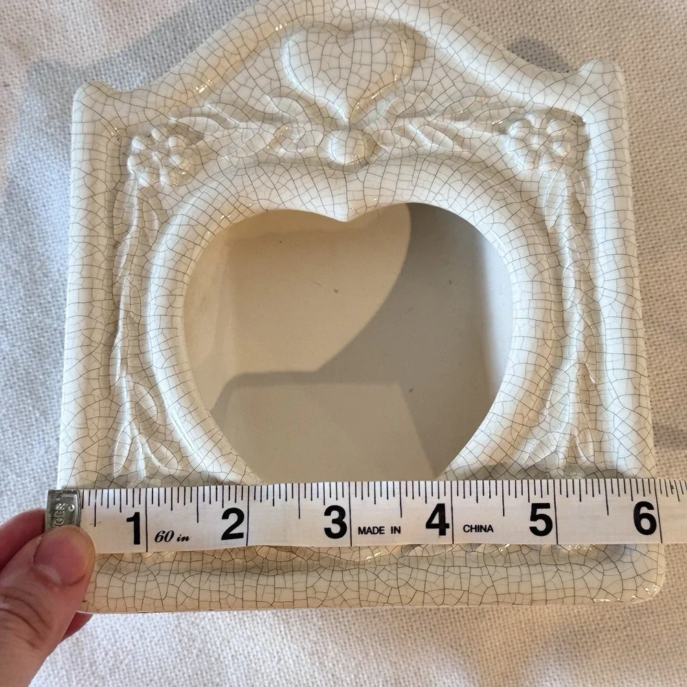 VTG Ceramic Heart Shaped Picture Frame Crackled Floral Wedding Cottage Decor